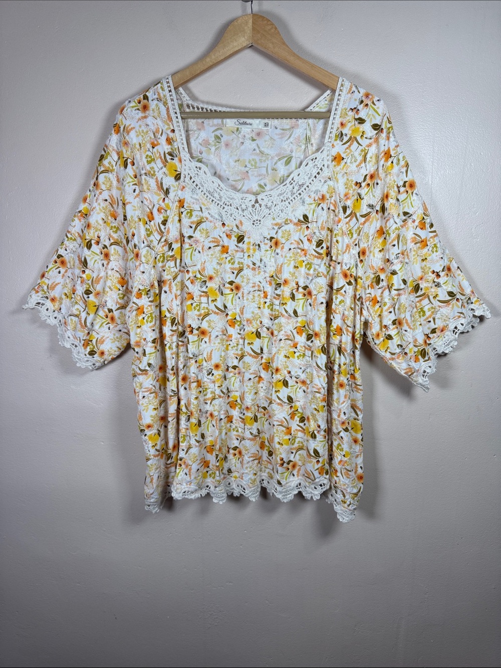 Solitaire plus size women’s Peasant Blouse Crochet 2X Yellow Floral Lace-Trim